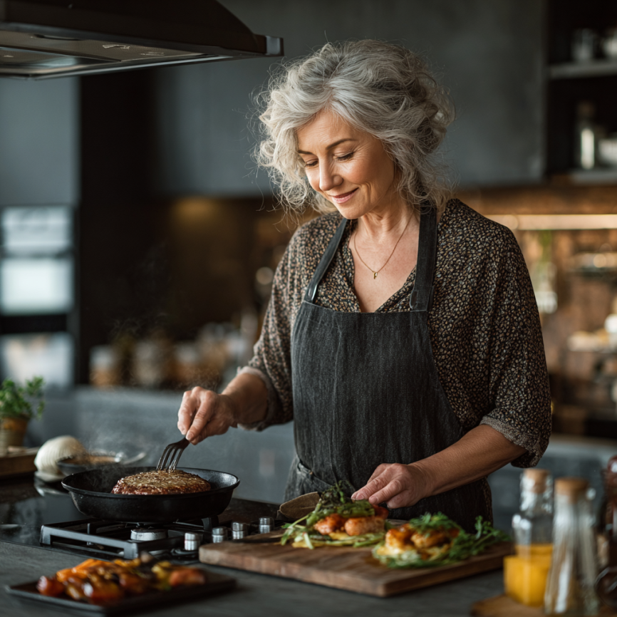 Літня пара разом готує здоровий обід